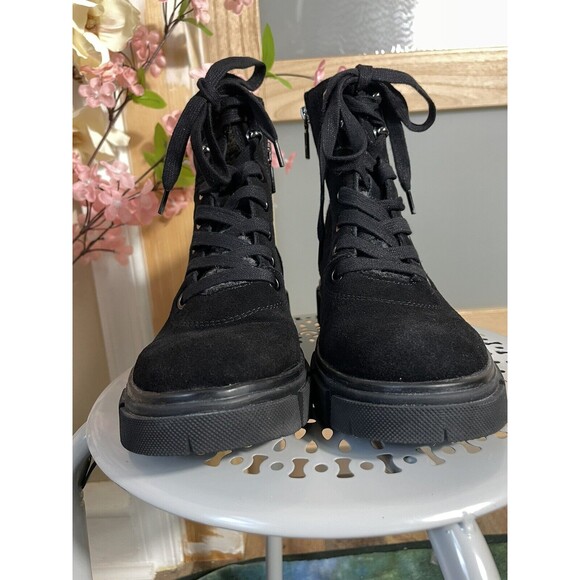 Womens Black Suede Lace-up Combat Boots Chunky Lug Sole Ankle Winter Booties 6.5 - Picture 6 of 14